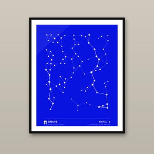May include: A framed wall art print featuring a bright blue background with a white network of interconnected dots and lines. The bottom section includes white text reading SINAPS NEURAL CONCEPT HOUSE and SIGNAL Z SYNAPSE MAP N 002 SEED 1002.