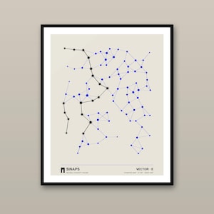 May include: A framed wall art print featuring a network diagram on a light beige background. The design displays interconnected blue dots and a central path of black dots. Text at the bottom reads SINAPS NEURAL CONCEPT HOUSE VECTOR E.