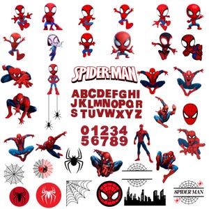 May include: A collection of Spider-Man themed stickers featuring various poses of the character, the text SPIDER-MAN, the full alphabet in red, numbers 0-9, spider webs, black spider silhouettes, and a city skyline silhouette on a white background.
