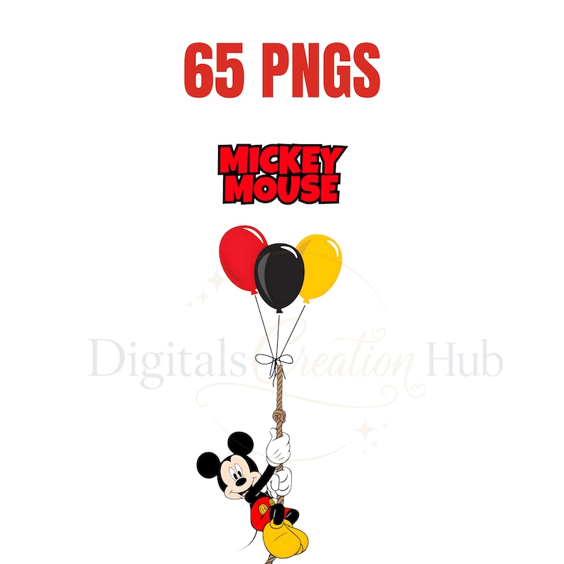 Może przedstawiać: Cyfrowa grafika z napisem 65 PNGS oraz MICKEY MOUSE w kolorze czerwonym. Poniżej postać z kresk&oacute;wki z okrągłymi czarnymi uszami, w czerwonych spodenkach i ż&oacute;łtych butach wisi na linie przywiązanej do trzech balon&oacute;w w kolorach czerwonym, czarnym i ż&oacute;łtym.