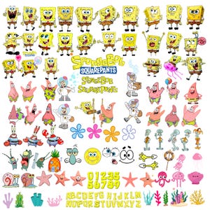 May include: A collection of SpongeBob SquarePants character stickers featuring SpongeBob, Patrick Star, Sandy Cheeks, Mr. Krabs, Squidward, and Gary the Snail in various poses, along with colorful sea life, numbers 0-9, and the alphabet in yellow.