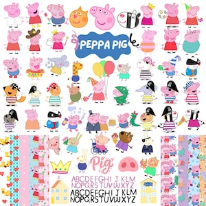 May include: A collection of Peppa Pig character illustrations, including various pigs in costumes, party hats, and pirate gear, alongside patterned strips, a yellow house, a crown, a pig nose, and two complete alphabets in pink and black text.