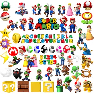 Puede incluir: Una colección de pegatinas de personajes de Super Mario que incluye a Mario, Luigi, la Princesa Peach, Daisy, Toad, Bowser y Yoshi. El set presenta letras del alfabeto coloridas, números, varios objetos de poder, bloques y elementos del juego.