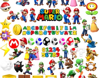 Super Mario Pngs Bundle , Mario Clipart, Super Mario Font, Shirts Designs, Mario Theme Birthday Decor, Clipart, Digital Download,