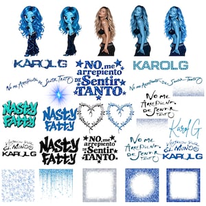 May include: A digital collection of graphics featuring blue-haired characters, the text KAROL G, NO ME ARREPIENTO DE SENTIR TANTO, NASTY FATTY, and VIAJANDO POR EL MUNDO, barbed wire heart icons, and various blue glitter and sparkle texture patterns.