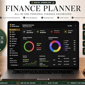 May include: A digital finance planner dashboard displayed on a laptop screen, featuring sections for income, expenses, savings goals, and debt tracking. The interface uses a dark theme with colorful charts, graphs, and financial data summaries.