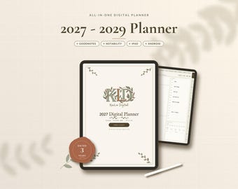 Könnte beinhalten: Ein digitaler Planer für 2027-2029 auf zwei Tablets. Das Cover zeigt den Text 2027 Digital Planner, KLD und ein rundes Abzeichen mit der Aufschrift Dated 3 Years. Enthält Kompatibilitätshinweise für Goodnotes, Notability, iPad und Android.