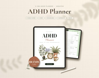 May include: A digital ADHD planner displayed on two e-ink tablets. The screen shows the text ADHD Planner, botanical illustrations, an alarm clock, and a mug. A round badge reads 5 BRANDS IN ONE. Compatible with Kindle Scribe, Kobo, Remarkable, Supernote, and Boox.