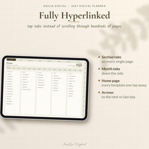 K&ouml;nnte beinhalten: Ein digitales Tablet mit einem digitalen Planer f&uuml;r 2027 und einer Startseitenoberfl&auml;che. Der Bildschirm zeigt ein Rasterlayout mit verlinkten Abschnittsreitern, Monatsreitern und Navigationspfeilen. Text: KAILIA DIGITAL 2027 DIGITAL PLANNER.