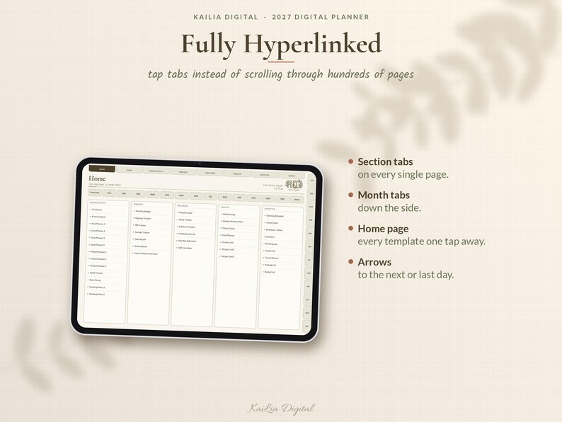 K&ouml;nnte beinhalten: Ein digitales Tablet mit einem digitalen Planer f&uuml;r 2027 und einer Startseitenoberfl&auml;che. Der Bildschirm zeigt ein Rasterlayout mit verlinkten Abschnittsreitern, Monatsreitern und Navigationspfeilen. Text: KAILIA DIGITAL 2027 DIGITAL PLANNER.