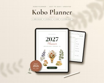 May include: A digital Kobo Planner for 2027 to 2034 displayed on two tablets. The screen shows a 2027 Planner cover with floral illustrations, mushrooms, and a teacup. A brown circular badge reads Bonus 2026 Oct-Dec. Text includes Kobo Planner, Libra Colour, Elipsa 2E, Sage, and Hyperlinked.