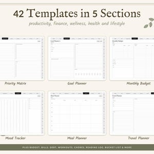 May include: A digital planner set featuring 42 templates in 5 sections for productivity, finance, wellness, health, and lifestyle. The display shows six layouts: Priority Matrix, Goal Planner, Monthly Budget, Mood Tracker, Meal Planner, and Travel Planner.