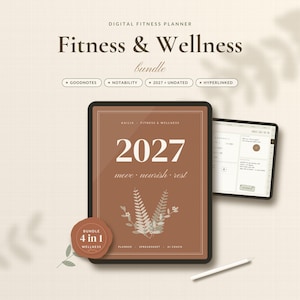 Op de afbeelding: Een digitale fitnessplanner-bundel weergegeven op twee tablets. Het hoofdscherm toont een bruine omslag met de tekst 2027, move nourish rest en een varenillustratie. Een ronde badge bevat de tekst 4 in 1 wellness bundle. Een stylus ligt onderaan.