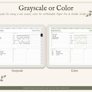 May include: Two digital tablet screens displaying a March Overview planner template. The left screen shows a grayscale version, while the right screen displays a colour version with green accents. Text includes 'Grayscale or Color' and 'March Overview'.