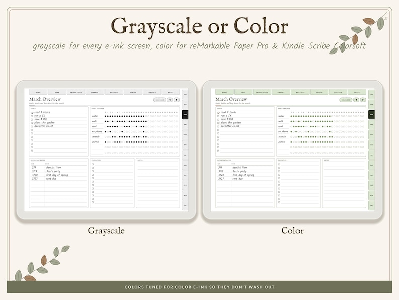 May include: Two digital tablet screens displaying a March Overview planner template. The left screen shows a grayscale version, while the right screen displays a colour version with green accents. Text includes 'Grayscale or Color' and 'March Overview'.