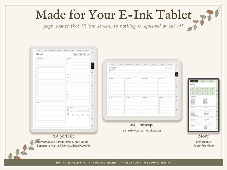 May include: Digital planner templates for E-Ink tablets displayed in three orientations: 3:4 portrait, 3:4 landscape, and Move. The text reads Made for Your E-Ink Tablet, page shapes that fit the screen, so nothing is squished or cut off.