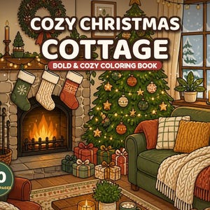 Puede incluir: Un libro para colorear titulado COZY CHRISTMAS COTTAGE BOLD & COZY COLORING BOOK con una ilustración de una sala de estar con chimenea, calcetines, árbol de Navidad decorado, regalos y un sofá con mantas. El texto de la portada dice 40.