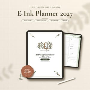 May include: A digital E-Ink planner 2027 and undated for Remarkable, Kindle Scribe, Supernote, and Boox devices. The screen displays the KLD KaiLia Digital logo, 2027 Digital Planner text, and a bonus 2026 Oct-Dec seal. A stylus is included.