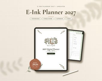 May include: A digital E-Ink planner 2027 and undated for Remarkable, Kindle Scribe, Supernote, and Boox devices. The screen displays the KLD KaiLia Digital logo, 2027 Digital Planner text, and a bonus 2026 Oct-Dec seal. A stylus is included.