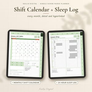 May include: Two digital tablets displaying a Kindle Scribe nurse planner. The left screen shows a January 2027 shift calendar, and the right screen shows a January sleep log. Both feature green tabs, navigation buttons, and grid layouts.