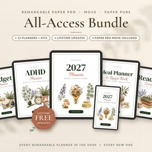 May include: A digital planner bundle for Remarkable Paper Pro, Move, and Paper Pure featuring 13 planners and kits. The display shows various tablet screens with titles like 2027 Planner, ADHD Planner, Budget Planner, Meal Planner, and Reading Journal.