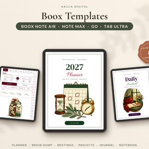 May include: Three digital tablets displaying planner templates titled 2027 Planner and Daily Journal. The screens feature illustrations of a calendar, hourglass, alarm clock, and a cozy room scene. Text includes Kailia Digital, Boox Templates, and 8 Linked PDFs.