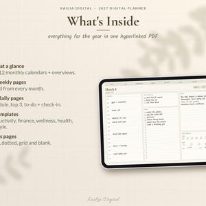 K&ouml;nnte beinhalten: Ein digitaler Planer f&uuml;r 2027 auf einem Tablet-Bildschirm. Die Benutzeroberfl&auml;che zeigt einen Tagesplan, eine Aufgabenliste und Notizen. Der Text umfasst What's Inside, Year at a glance, 53 weekly pages, 365 daily pages, 42 templates, Notes pages.