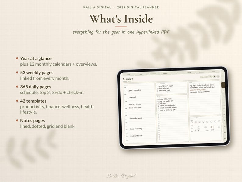 K&ouml;nnte beinhalten: Ein digitaler Planer f&uuml;r 2027 auf einem Tablet-Bildschirm. Die Benutzeroberfl&auml;che zeigt einen Tagesplan, eine Aufgabenliste und Notizen. Der Text umfasst What's Inside, Year at a glance, 53 weekly pages, 365 daily pages, 42 templates, Notes pages.