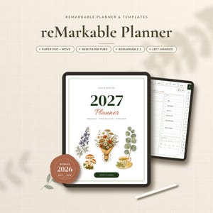May include: A digital planner for reMarkable tablets featuring a 2027 cover with floral illustrations, mushrooms, and a teacup. Includes a bonus 2026 section, a stylus, and a secondary screen showing a daily schedule layout with tabs and navigation.