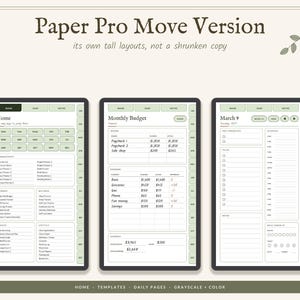 May include: Three digital planner screens titled Paper Pro Move Version, displaying a home dashboard, a monthly budget tracker with income and expense columns, and a daily schedule page for March 9, featuring light green tabs and navigation menus.