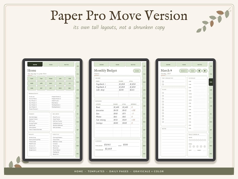May include: Three digital planner screens titled Paper Pro Move Version, displaying a home dashboard, a monthly budget tracker with income and expense columns, and a daily schedule page for March 9, featuring light green tabs and navigation menus.