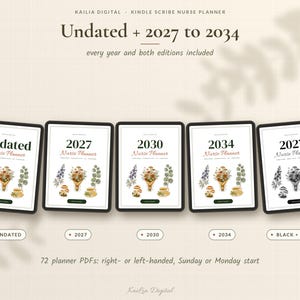 May include: Five digital tablet screens displaying nurse planner covers with floral illustrations. Text includes Undated, 2027, 2030, and 2034 Nurse Planner. One cover is in black and white, while others feature colorful botanical designs.