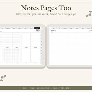 May include: A digital planner interface displayed on two screens, featuring the text Notes Pages Too, lined, dotted, grid and blank, linked from every page. The screens show various note-taking layouts including lined, dotted, grid, and blank pages.