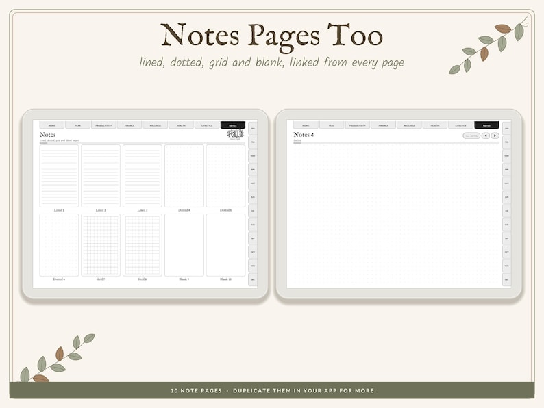 May include: A digital planner interface displayed on two screens, featuring the text Notes Pages Too, lined, dotted, grid and blank, linked from every page. The screens show various note-taking layouts including lined, dotted, grid, and blank pages.