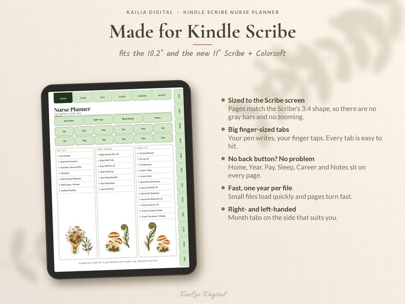 May include: A digital nurse planner for Kindle Scribe featuring light green tabs, monthly navigation, and mushroom illustrations. The screen displays text including Made for Kindle Scribe, fits the 10.2 and the new 11 Scribe + Colorsoft.