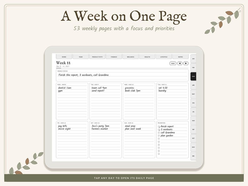 May include: A digital planner interface displayed on a tablet screen titled A Week on One Page, 53 weekly pages with a focus and priorities. The layout features a weekly schedule grid with sections for daily entries, a weekly focus area, and a priorities checklist.