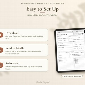 May include: A digital nurse planner for Kindle Scribe featuring a three-step setup guide: Download, Send to Kindle, and Write + tap. The display shows a daily schedule for Thursday, Jan 14, with tabs for navigation and a Black + White Edition label.