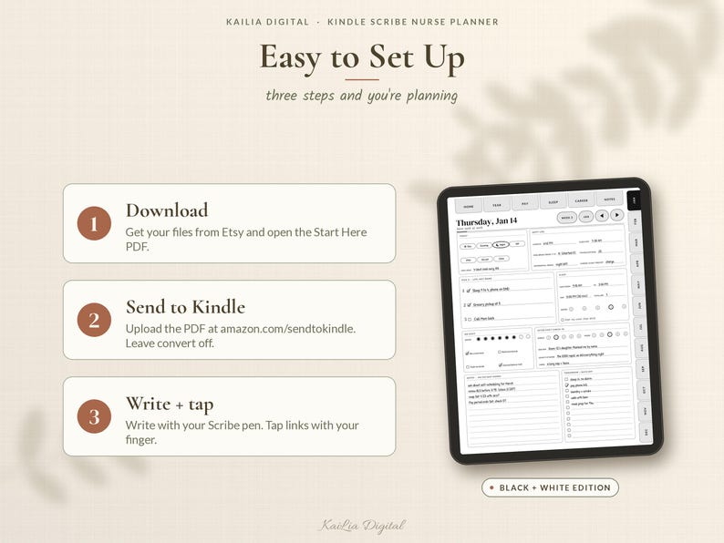 May include: A digital nurse planner for Kindle Scribe featuring a three-step setup guide: Download, Send to Kindle, and Write + tap. The display shows a daily schedule for Thursday, Jan 14, with tabs for navigation and a Black + White Edition label.