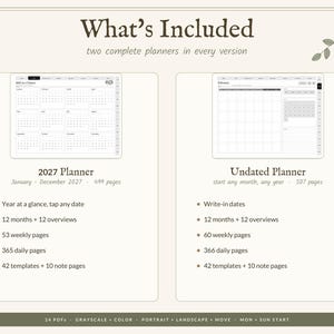 May include: A digital planner set featuring a 2027 dated planner with 499 pages and an undated planner with 507 pages. The text What's Included is at the top, with details on weekly pages, daily pages, templates, and note pages for each version.