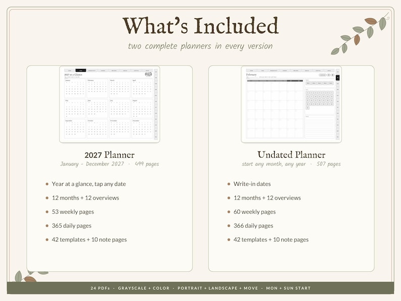 May include: A digital planner set featuring a 2027 dated planner with 499 pages and an undated planner with 507 pages. The text What's Included is at the top, with details on weekly pages, daily pages, templates, and note pages for each version.