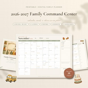 May include: A 2026-2027 family command center planner featuring a printable and digital calendar, meal, and chore tracker. The layout includes a November 2026 monthly view, a section for notes, and decorative icons of a school bus and birthday cake.