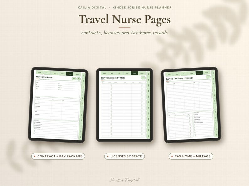 May include: Three digital tablet screens displaying a nurse planner with light green tabs. The screens show Travel Contract, Licenses by State, and Tax Home Mileage pages. Text includes Kailia Digital, Kindle Scribe Nurse Planner, and Travel Nurse Pages.