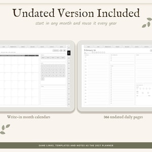 May include: A digital planner displayed on two screens. The left screen shows a monthly calendar view for February with a grid and notes section. The right screen shows a daily page for February 14 with a schedule, to-do list, and habit tracker.