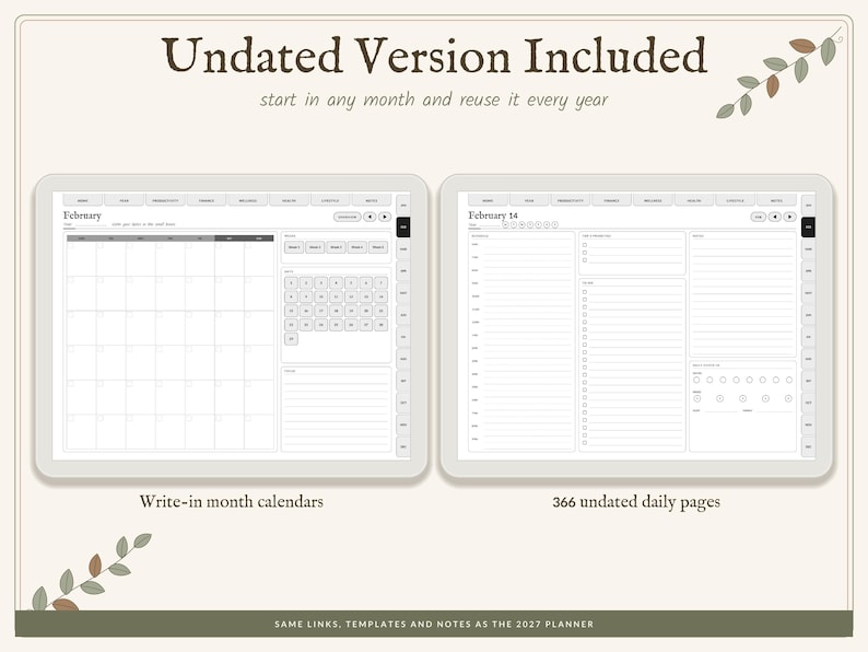 May include: A digital planner displayed on two screens. The left screen shows a monthly calendar view for February with a grid and notes section. The right screen shows a daily page for February 14 with a schedule, to-do list, and habit tracker.