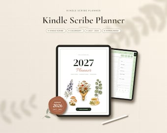 May include: A digital Kindle Scribe planner featuring a 2027 cover with botanical illustrations, mushrooms, and a teacup. A bonus 2026 October-December seal is included. The display shows a hyperlinked interface with a light green sidebar and a stylus.