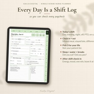 May include: A digital nurse planner for Kindle Scribe titled Every Day Is a Shift Log. The screen displays a daily schedule template with sections for shift details, clock in and out times, personal goals, wellness tracking, and an after-shift check-in.