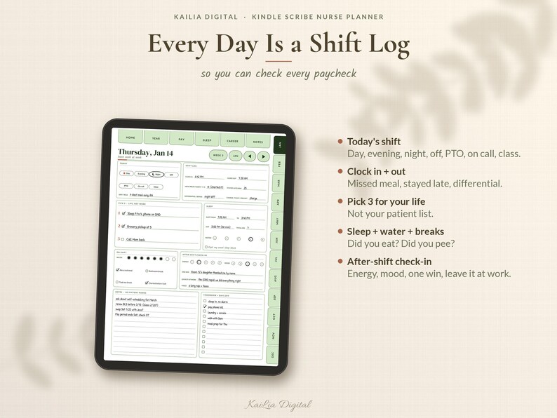 May include: A digital nurse planner for Kindle Scribe titled Every Day Is a Shift Log. The screen displays a daily schedule template with sections for shift details, clock in and out times, personal goals, wellness tracking, and an after-shift check-in.