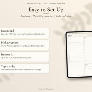 K&ouml;nnte beinhalten: Eine digitale Planer-Einrichtungsanleitung mit dem Titel Easy to Set Up f&uuml;r GoodNotes, Notability, Noteshelf und Xodo. Sie listet vier Schritte auf: Download, Pick a version, Import it und Tap + write, neben einem Tablet mit einer Tagesplaner-Seite.