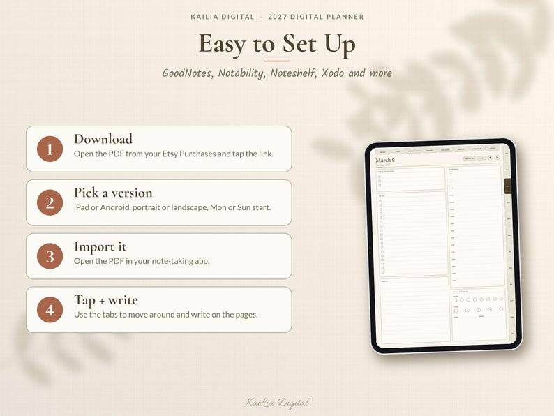 K&ouml;nnte beinhalten: Eine digitale Planer-Einrichtungsanleitung mit dem Titel Easy to Set Up f&uuml;r GoodNotes, Notability, Noteshelf und Xodo. Sie listet vier Schritte auf: Download, Pick a version, Import it und Tap + write, neben einem Tablet mit einer Tagesplaner-Seite.