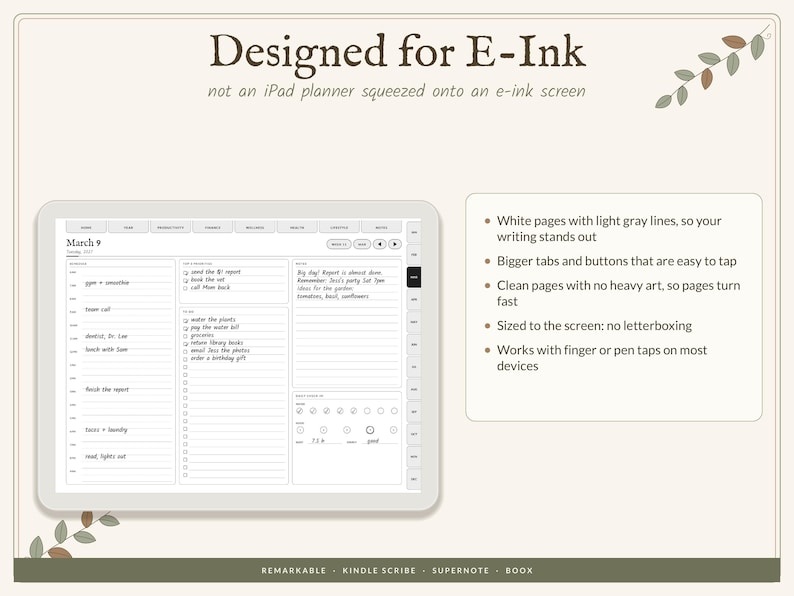 May include: A digital planner interface displayed on a tablet screen with the text Designed for E-Ink, not an iPad planner squeezed onto an e-ink screen. The layout includes a daily schedule, to-do list, notes section, and habit tracker.